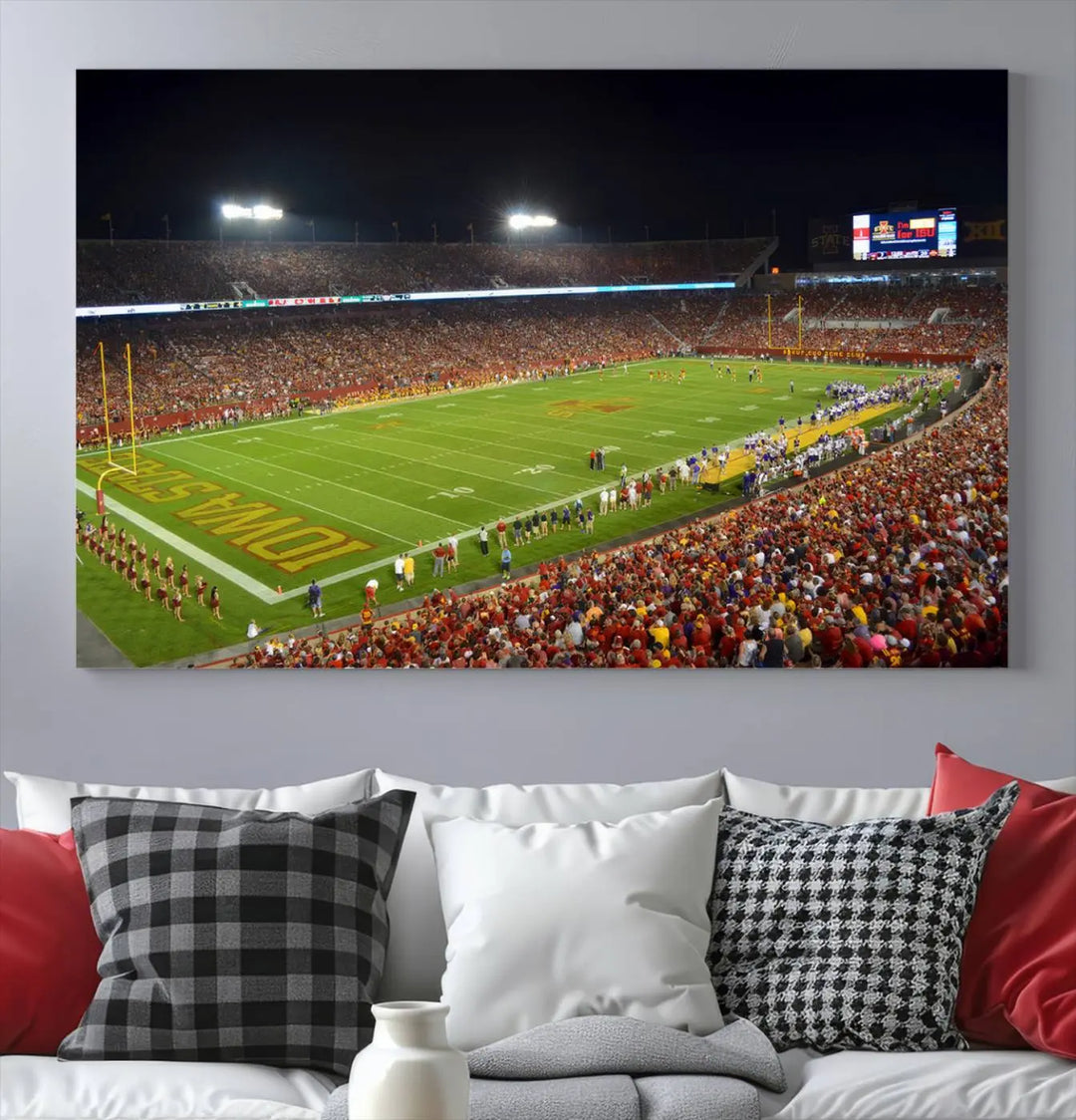 Iowa State University Cyclones Football Team Print of Ames Jack Trice Stadium during a game, crafted on museum-quality canvas with gallery-wrapped edges, brings dynamic energy to your space.