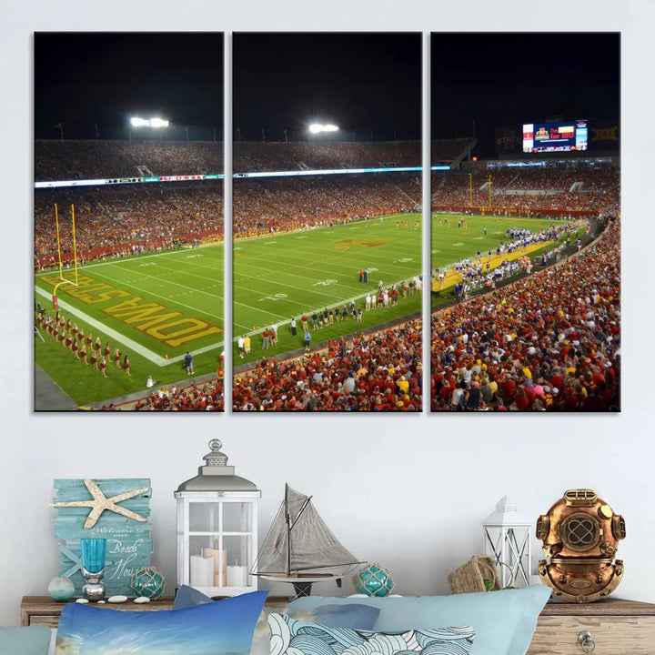 Iowa State University Cyclones Football Team Print of Ames Jack Trice Stadium during a game, crafted on museum-quality canvas with gallery-wrapped edges, brings dynamic energy to your space.