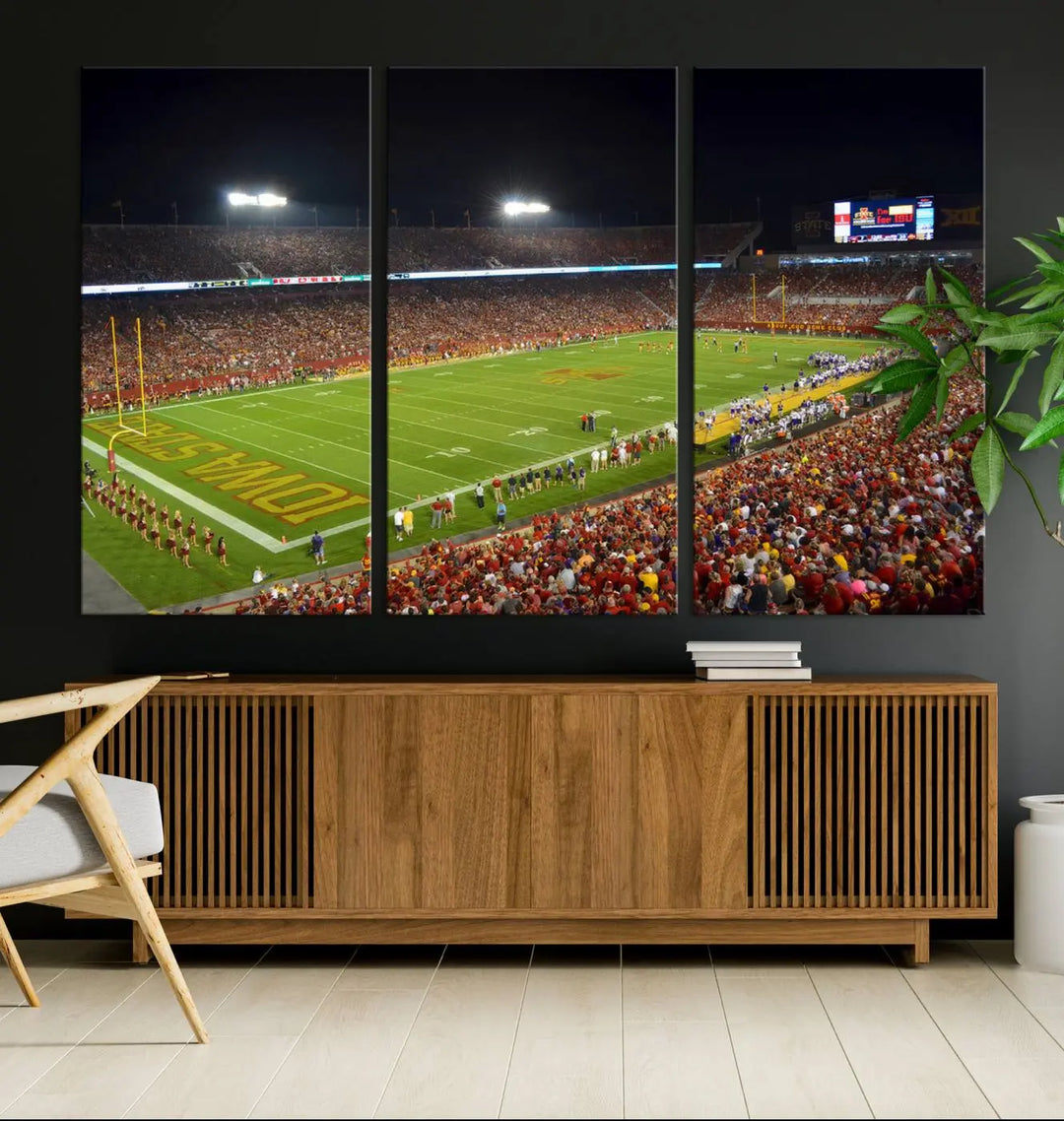 Iowa State University Cyclones Football Team Print of Ames Jack Trice Stadium during a game, crafted on museum-quality canvas with gallery-wrapped edges, brings dynamic energy to your space.