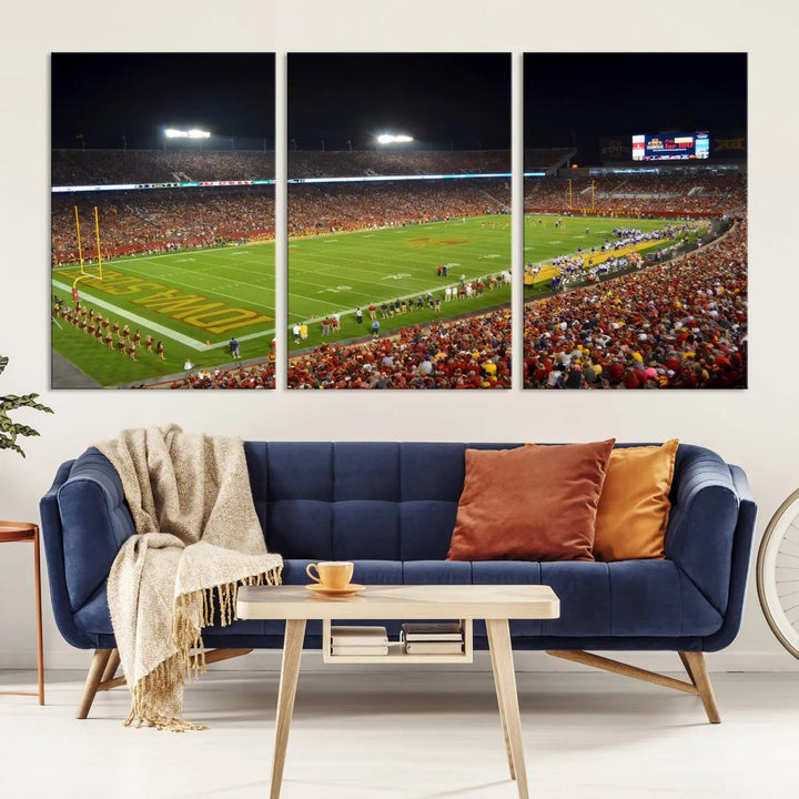 Iowa State University Cyclones Football Team Print of Ames Jack Trice Stadium during a game, crafted on museum-quality canvas with gallery-wrapped edges, brings dynamic energy to your space.