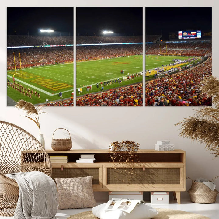 Iowa State University Cyclones Football Team Print of Ames Jack Trice Stadium during a game, crafted on museum-quality canvas with gallery-wrapped edges, brings dynamic energy to your space.