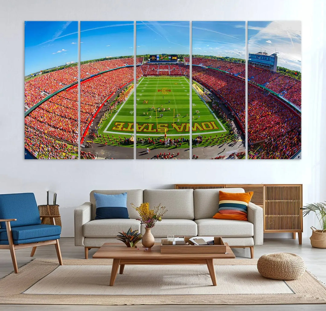 The Iowa State University Cyclones Football Team Print - Ames Jack Trice Stadium Wall Art Canvas Print features a panoramic view of a packed football stadium with vibrant red-clad fans. Handmade in the USA, this piece ensures exceptional quality and craftsmanship for your space.