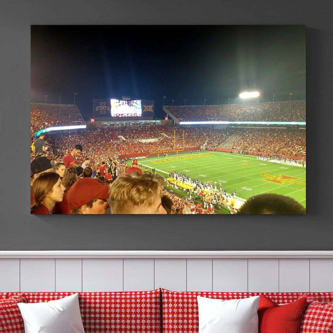 The Iowa State University Cyclones Football Team Print, featuring Jack Trice Stadium in Ames, is elegantly showcased in a sturdy wood frame that adds warmth to its display.