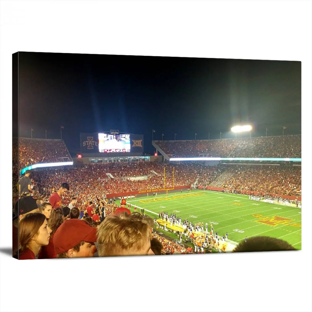 The Iowa State University Cyclones Football Team Print, featuring Jack Trice Stadium in Ames, is elegantly showcased in a sturdy wood frame that adds warmth to its display.