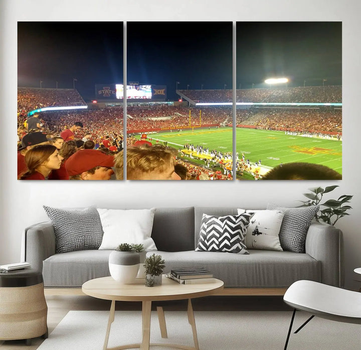 The Iowa State University Cyclones Football Team Print, featuring Jack Trice Stadium in Ames, is elegantly showcased in a sturdy wood frame that adds warmth to its display.