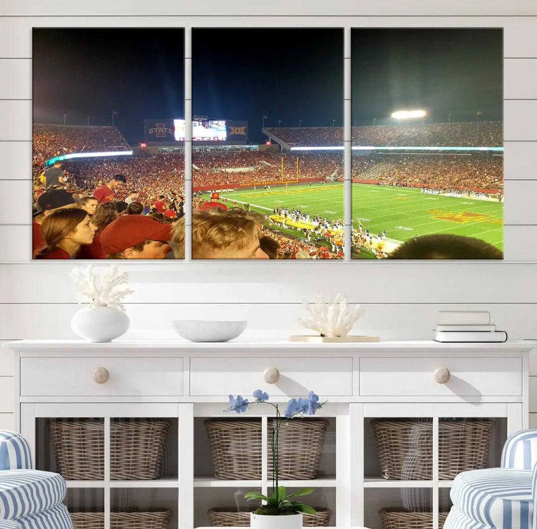 The Iowa State University Cyclones Football Team Print, featuring Jack Trice Stadium in Ames, is elegantly showcased in a sturdy wood frame that adds warmth to its display.