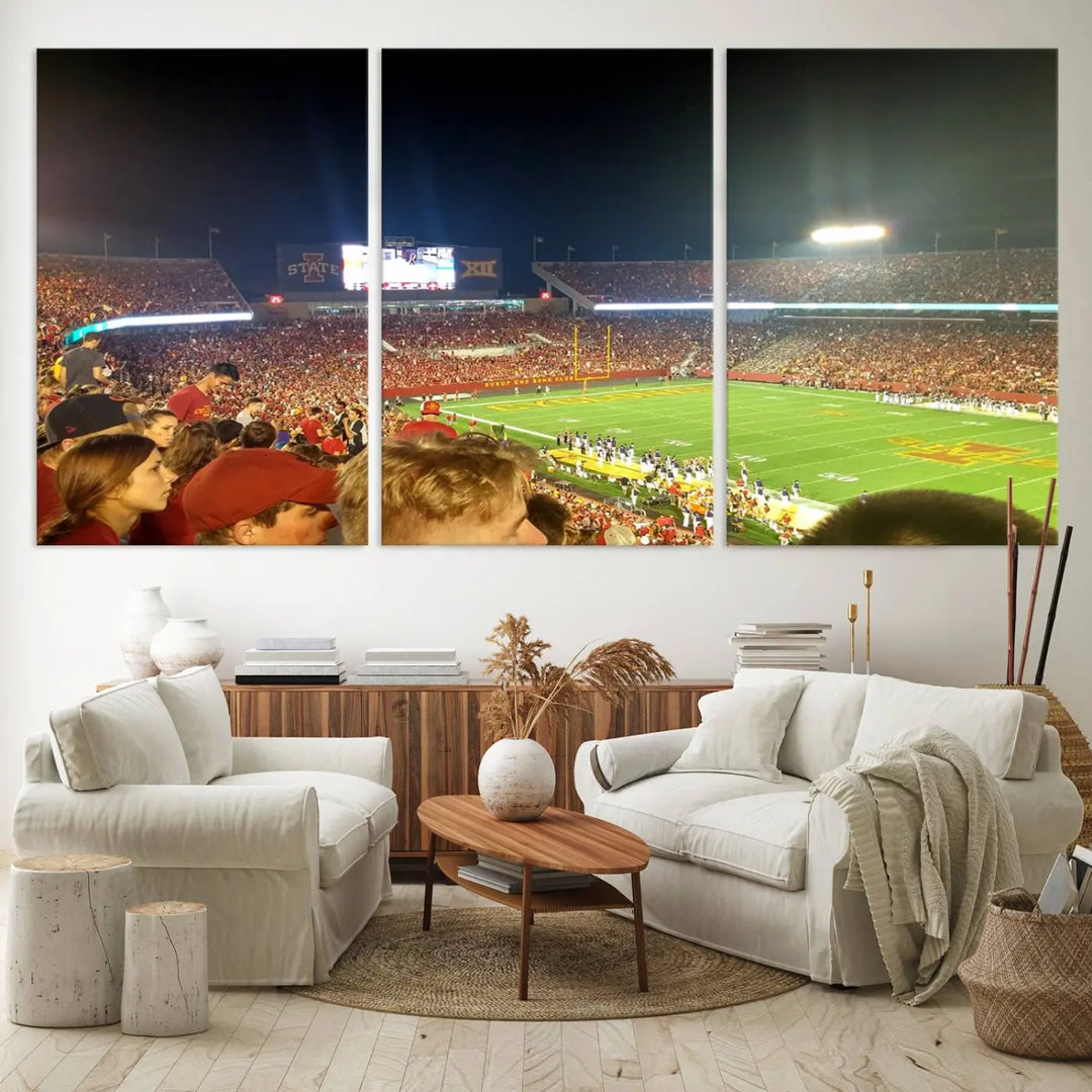 The Iowa State University Cyclones Football Team Print, featuring Jack Trice Stadium in Ames, is elegantly showcased in a sturdy wood frame that adds warmth to its display.