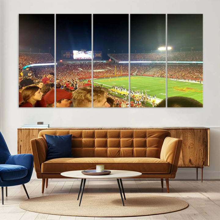 The Iowa State University Cyclones Football Team Print, featuring Jack Trice Stadium in Ames, is elegantly showcased in a sturdy wood frame that adds warmth to its display.