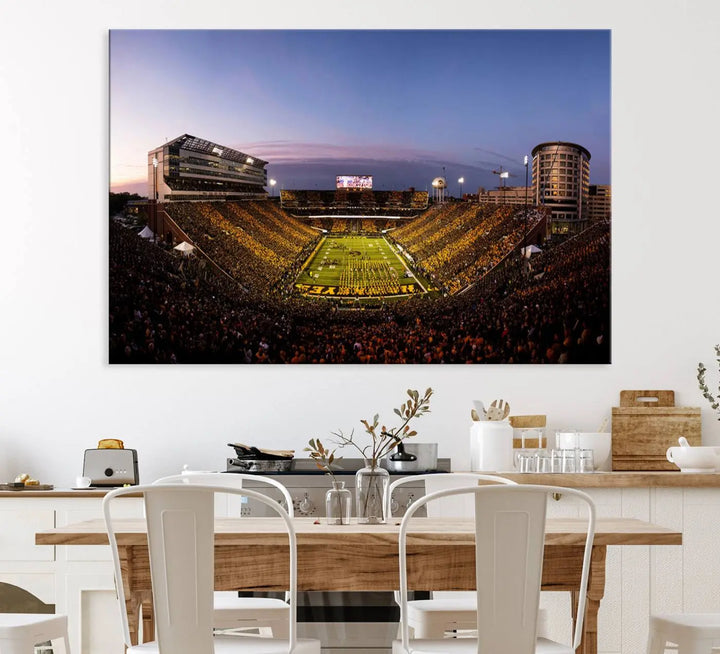 The Iowa Hawkeyes Football Team Print beautifully captures the spirit of Kinnick Stadium at dusk, highlighting the scenic skies.