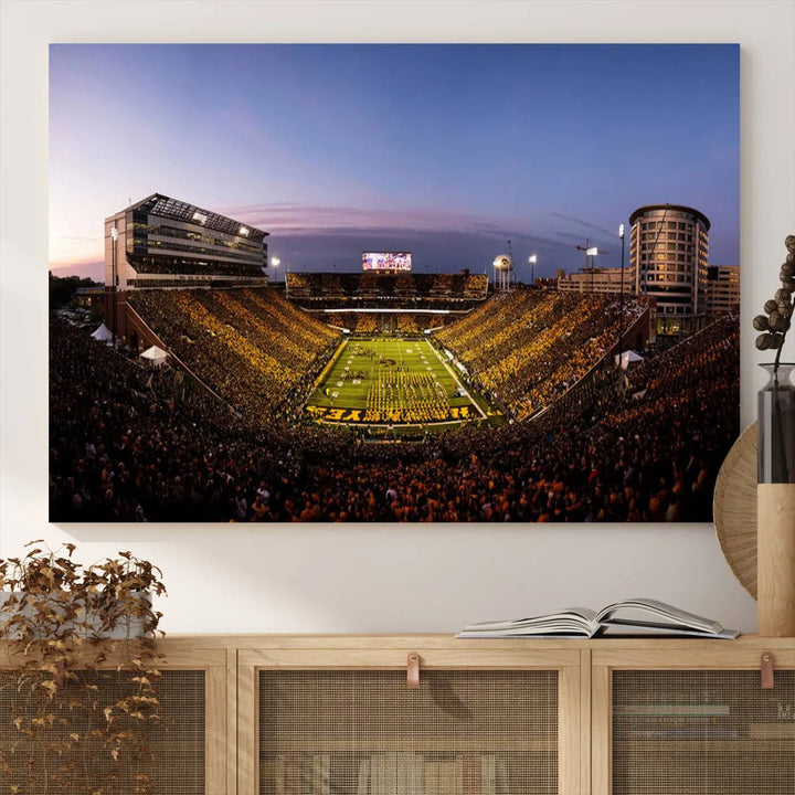 The Iowa Hawkeyes Football Team Print beautifully captures the spirit of Kinnick Stadium at dusk, highlighting the scenic skies.