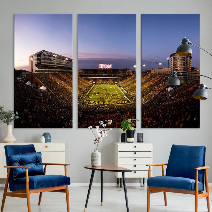 The Iowa Hawkeyes Football Team Print beautifully captures the spirit of Kinnick Stadium at dusk, highlighting the scenic skies.