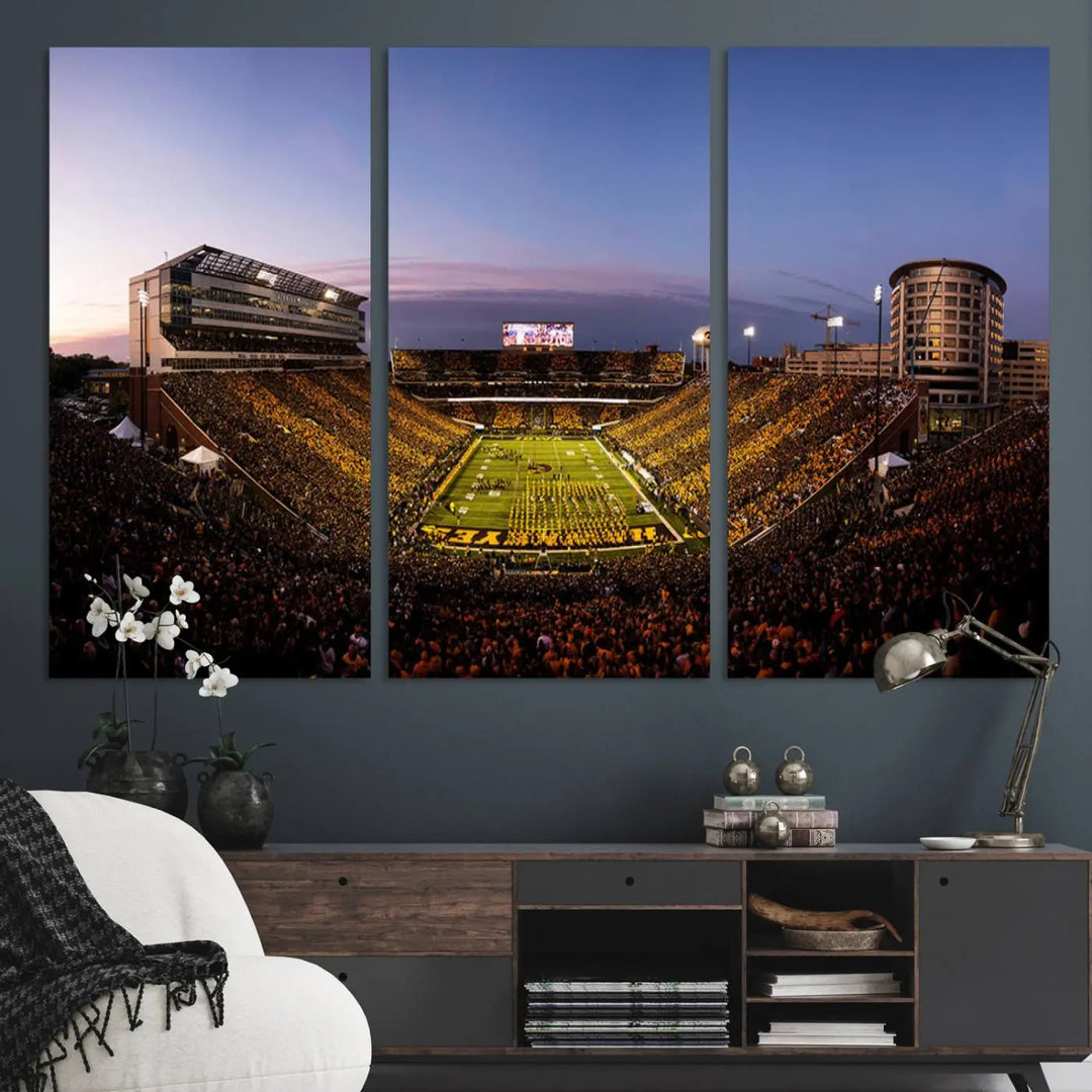 The Iowa Hawkeyes Football Team Print beautifully captures the spirit of Kinnick Stadium at dusk, highlighting the scenic skies.