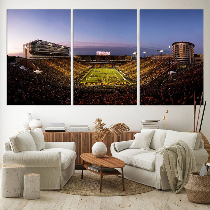 The Iowa Hawkeyes Football Team Print beautifully captures the spirit of Kinnick Stadium at dusk, highlighting the scenic skies.