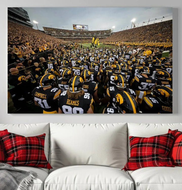 Three Iowa University Hawkeyes Football Team Prints on premium canvas showcase the dynamic energy of players and spectators at Kinnick Stadium in Iowa City, all with a gallery-quality finish.