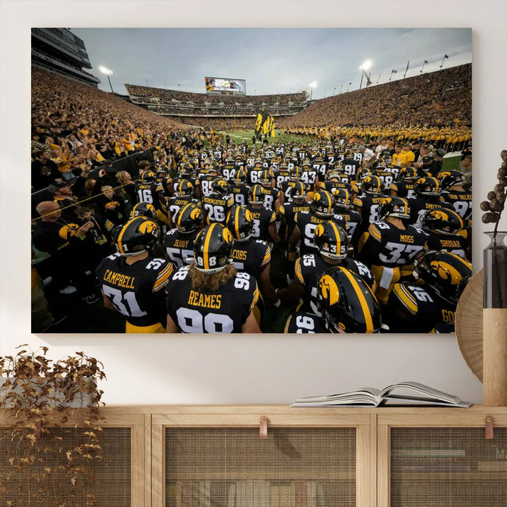 Three Iowa University Hawkeyes Football Team Prints on premium canvas showcase the dynamic energy of players and spectators at Kinnick Stadium in Iowa City, all with a gallery-quality finish.