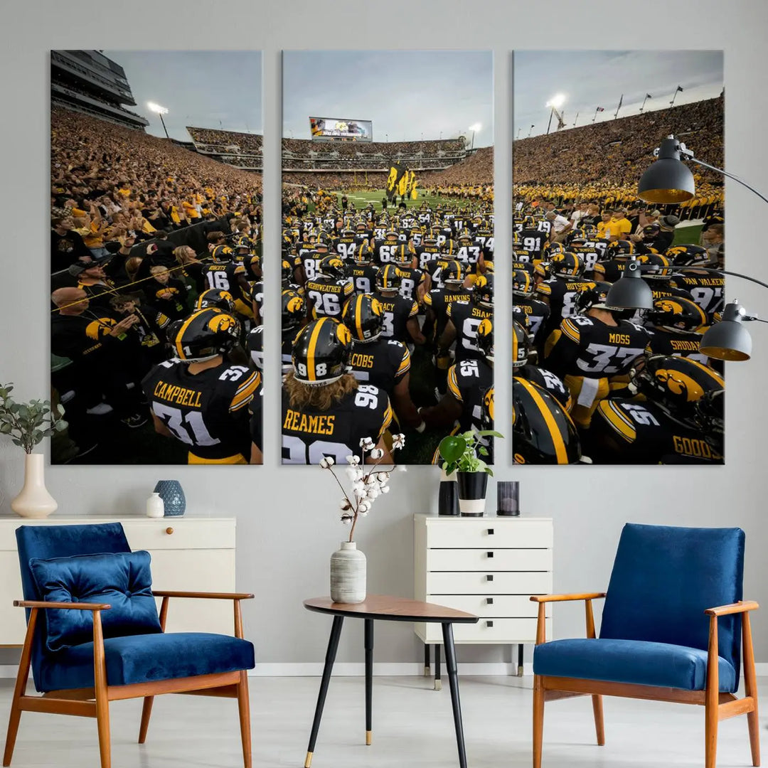 Three Iowa University Hawkeyes Football Team Prints on premium canvas showcase the dynamic energy of players and spectators at Kinnick Stadium in Iowa City, all with a gallery-quality finish.