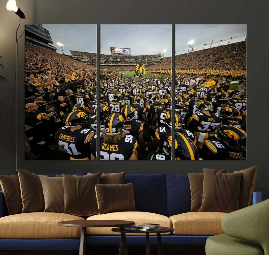 Three Iowa University Hawkeyes Football Team Prints on premium canvas showcase the dynamic energy of players and spectators at Kinnick Stadium in Iowa City, all with a gallery-quality finish.