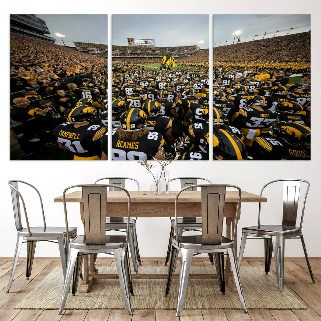 Three Iowa University Hawkeyes Football Team Prints on premium canvas showcase the dynamic energy of players and spectators at Kinnick Stadium in Iowa City, all with a gallery-quality finish.