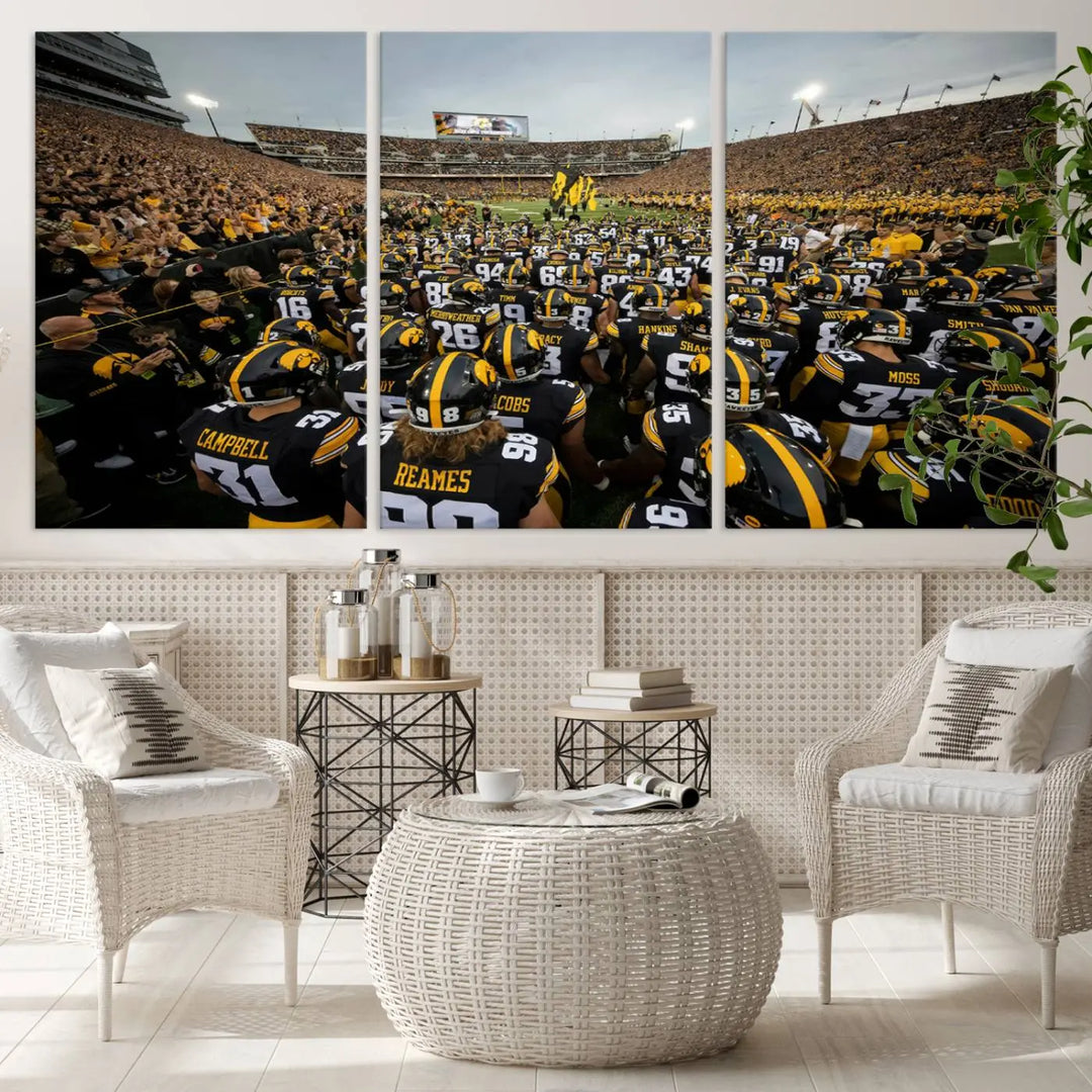 Three Iowa University Hawkeyes Football Team Prints on premium canvas showcase the dynamic energy of players and spectators at Kinnick Stadium in Iowa City, all with a gallery-quality finish.