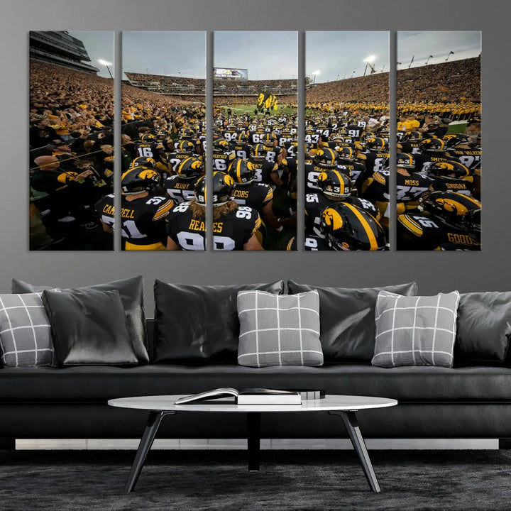 Three Iowa University Hawkeyes Football Team Prints on premium canvas showcase the dynamic energy of players and spectators at Kinnick Stadium in Iowa City, all with a gallery-quality finish.