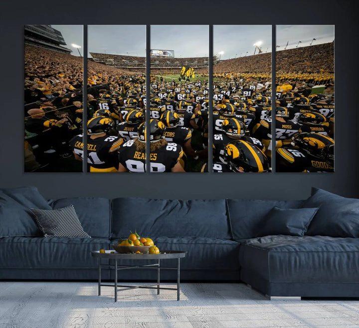 Three Iowa University Hawkeyes Football Team Prints on premium canvas showcase the dynamic energy of players and spectators at Kinnick Stadium in Iowa City, all with a gallery-quality finish.