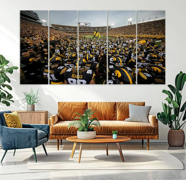 Three Iowa University Hawkeyes Football Team Prints on premium canvas showcase the dynamic energy of players and spectators at Kinnick Stadium in Iowa City, all with a gallery-quality finish.