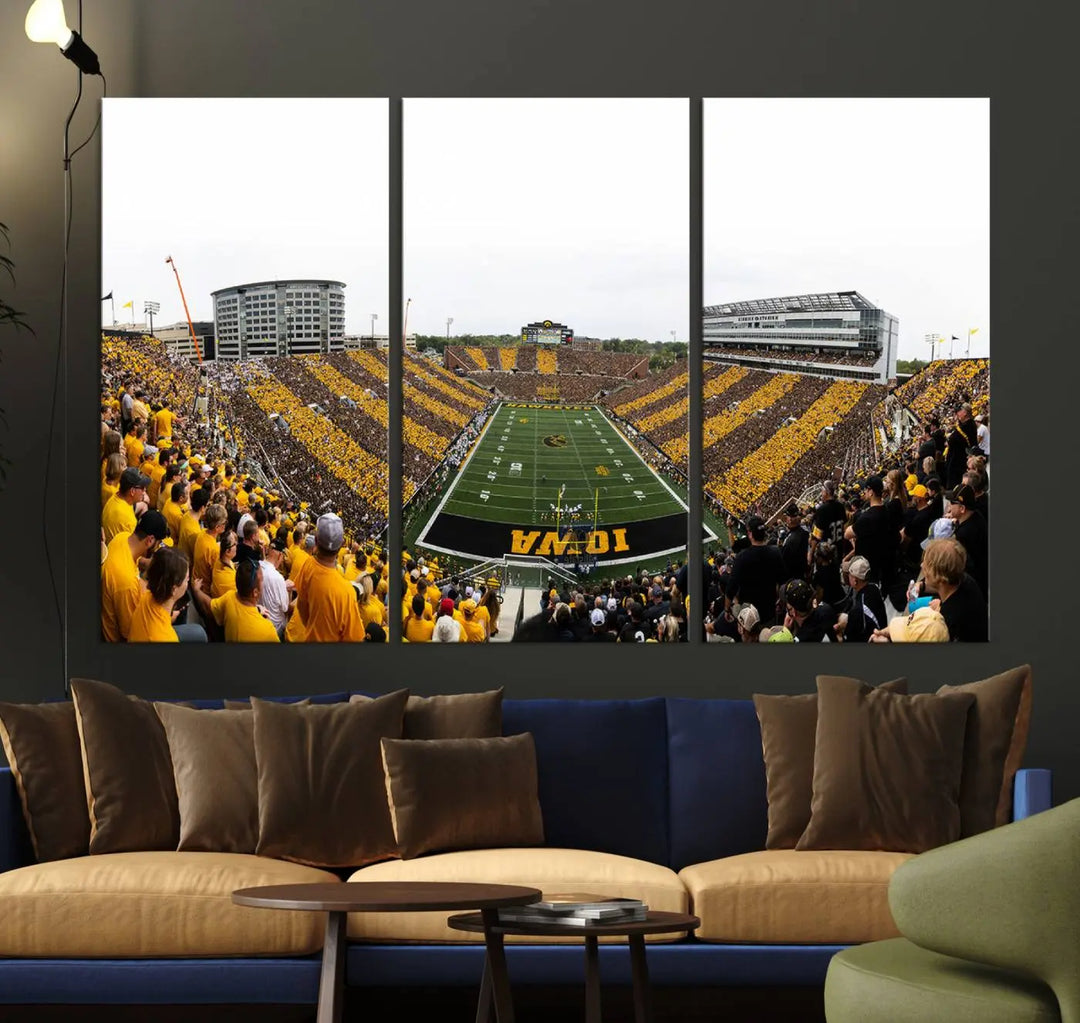 A handmade wall art print on premium canvas depicting the Iowa University Hawkeyes at a bustling Kinnick Stadium in Iowa City, capturing the vibrant scene from an end zone perspective.