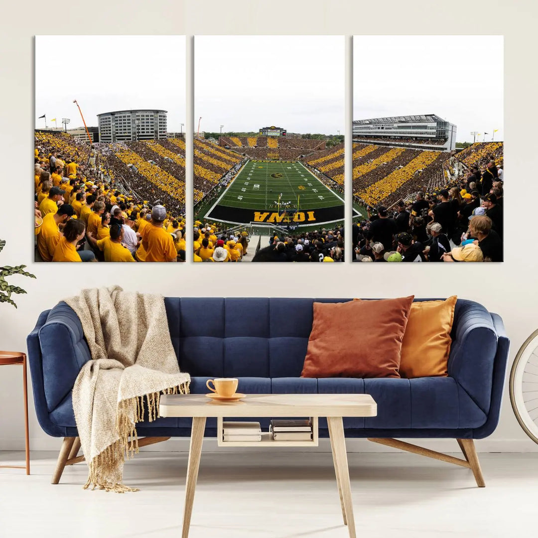 A handmade wall art print on premium canvas depicting the Iowa University Hawkeyes at a bustling Kinnick Stadium in Iowa City, capturing the vibrant scene from an end zone perspective.