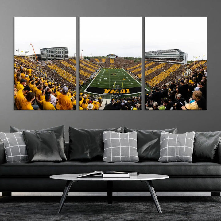 A handmade wall art print on premium canvas depicting the Iowa University Hawkeyes at a bustling Kinnick Stadium in Iowa City, capturing the vibrant scene from an end zone perspective.