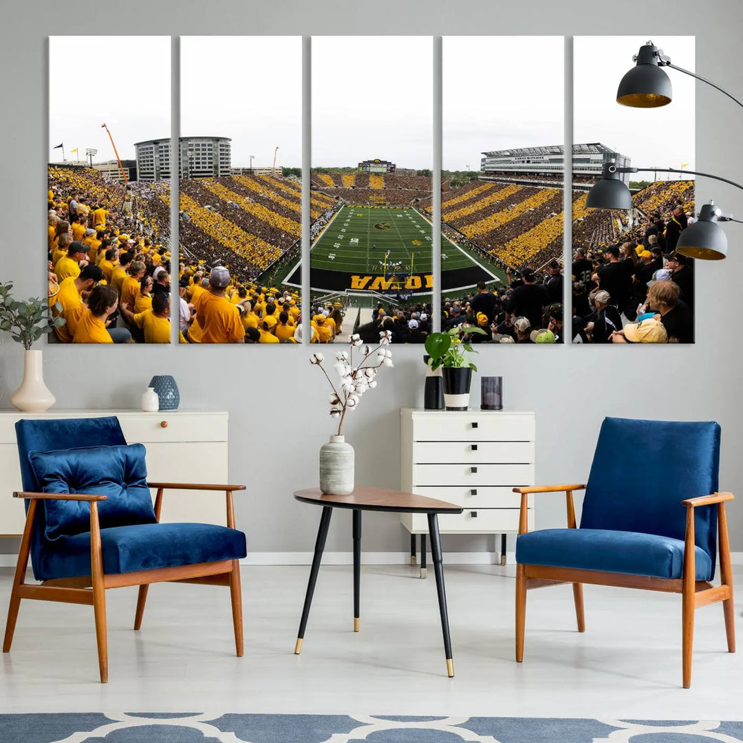 A handmade wall art print on premium canvas depicting the Iowa University Hawkeyes at a bustling Kinnick Stadium in Iowa City, capturing the vibrant scene from an end zone perspective.