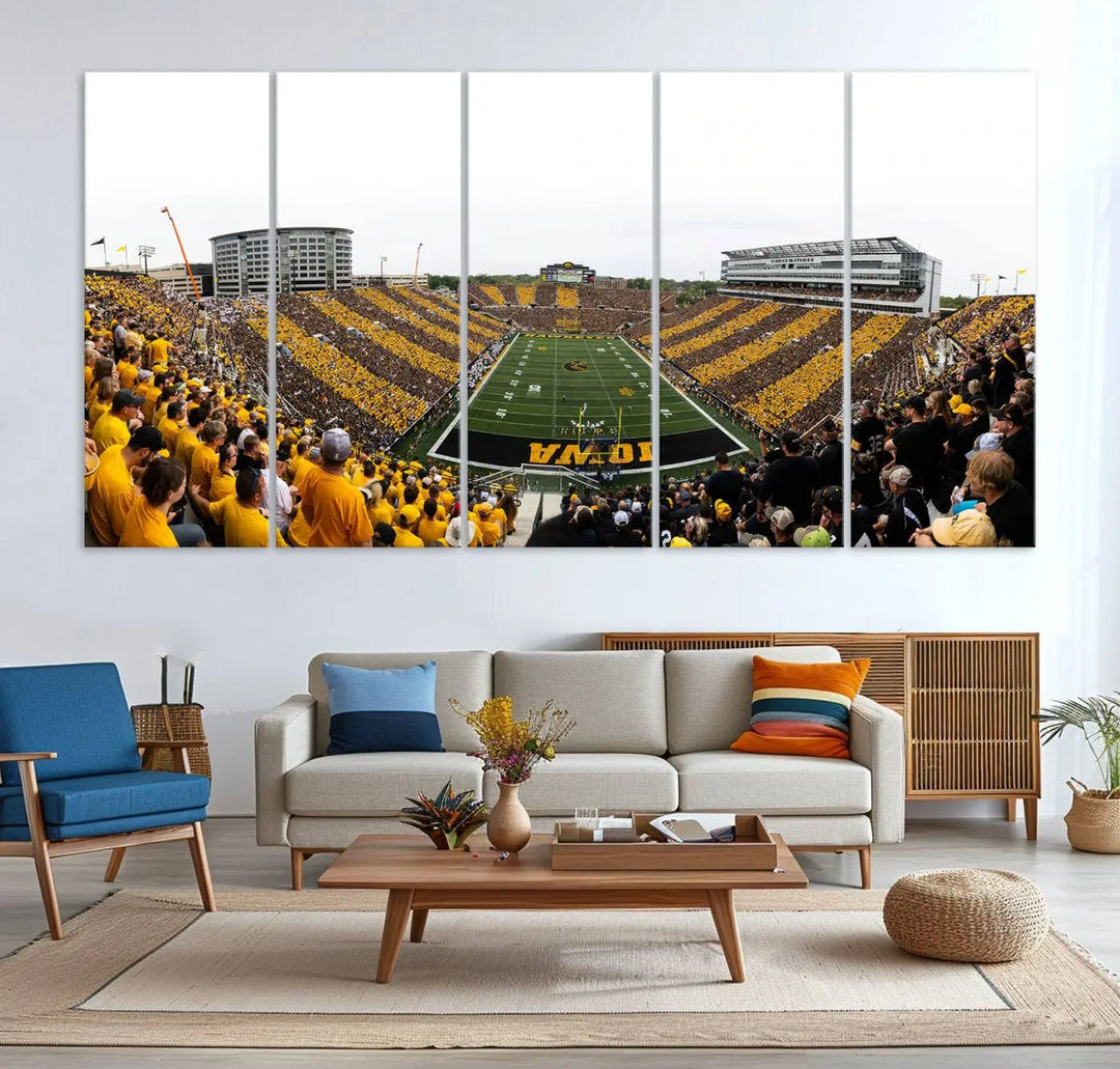 A handmade wall art print on premium canvas depicting the Iowa University Hawkeyes at a bustling Kinnick Stadium in Iowa City, capturing the vibrant scene from an end zone perspective.