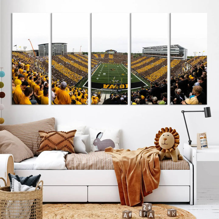 A handmade wall art print on premium canvas depicting the Iowa University Hawkeyes at a bustling Kinnick Stadium in Iowa City, capturing the vibrant scene from an end zone perspective.