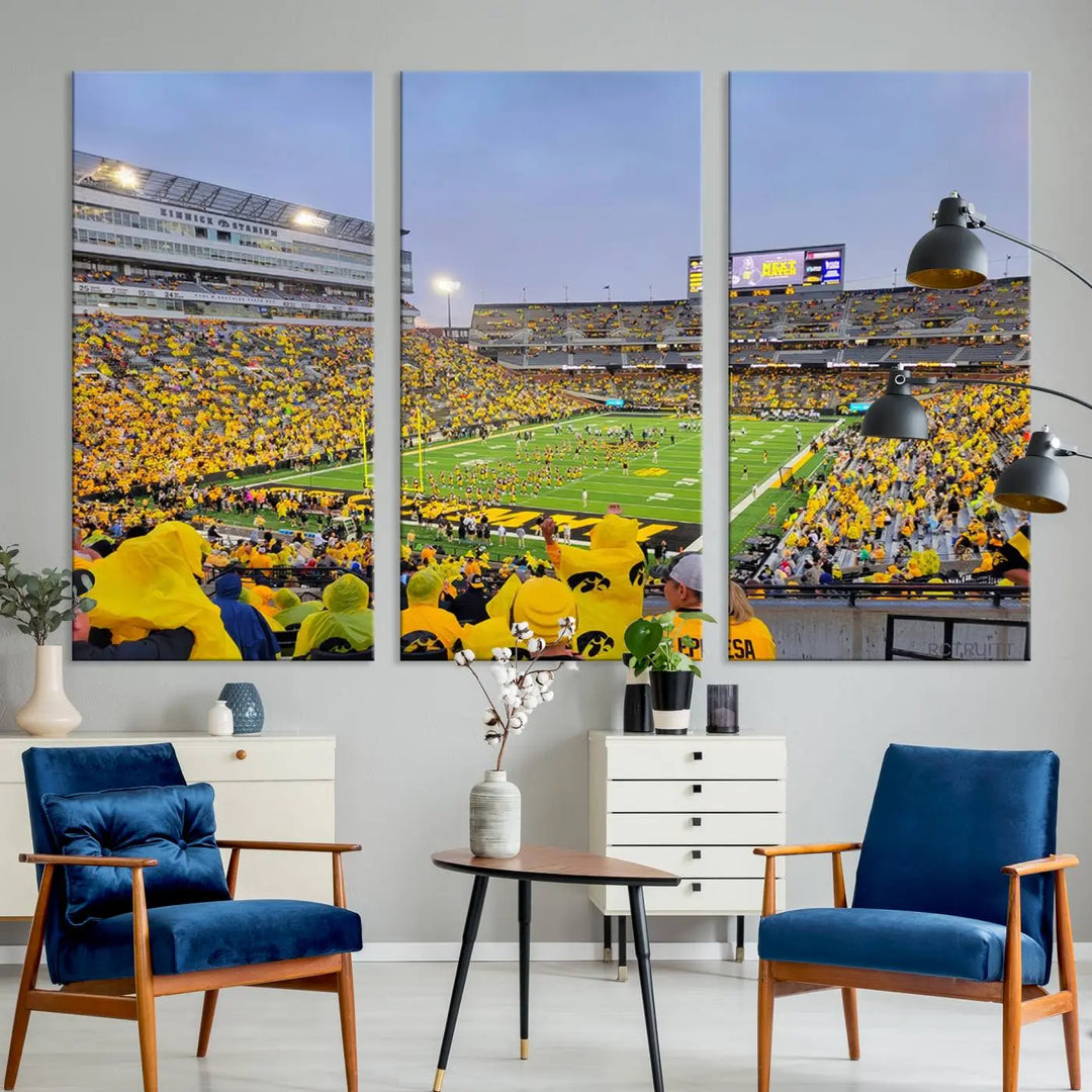 The "Iowa University Hawkeyes Football Team Print - Iowa City Kinnick Stadium Wall Art Canvas Print" captures the vibrant atmosphere of a packed Kinnick Stadium, buzzing with Iowa University Hawkeyes fans. This stunning wall art transforms the scene into a gallery-quality finish on premium canvas, bringing energy and excitement to any room.