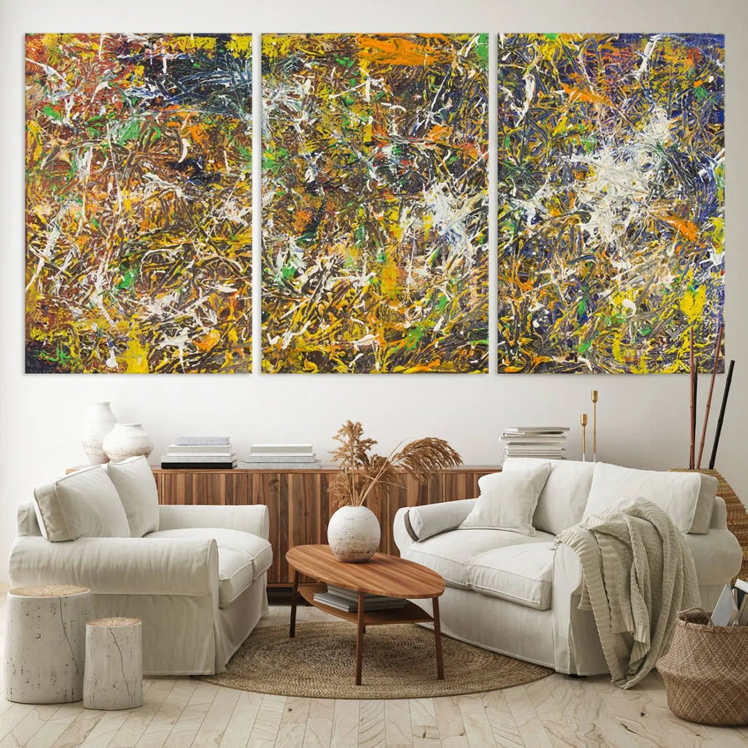 A Jackson Pollock Wall Art Canvas Print features a colorful abstract design with a UV-protective coating.