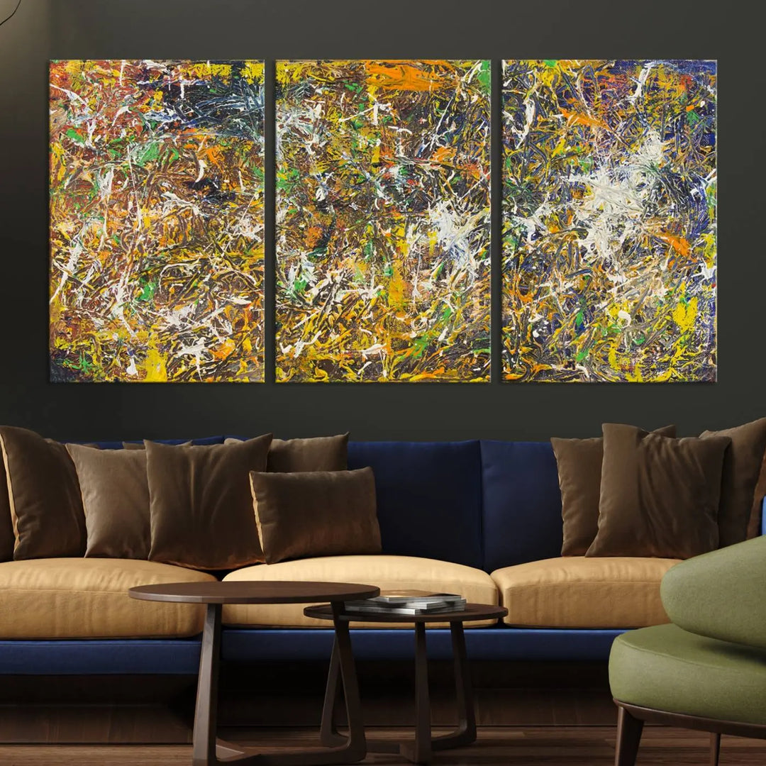 A Jackson Pollock Wall Art Canvas Print features a colorful abstract design with a UV-protective coating.