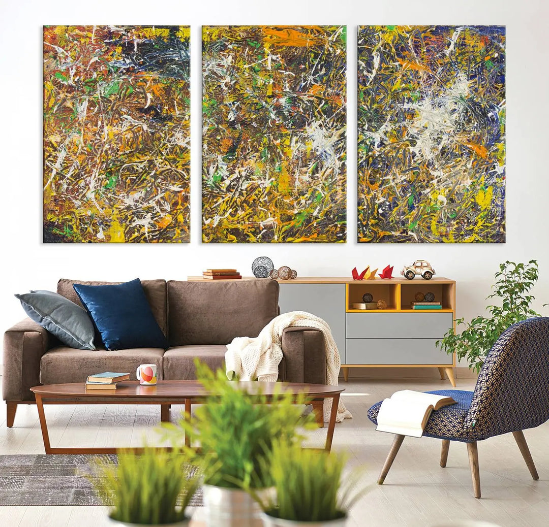 A Jackson Pollock Wall Art Canvas Print features a colorful abstract design with a UV-protective coating.