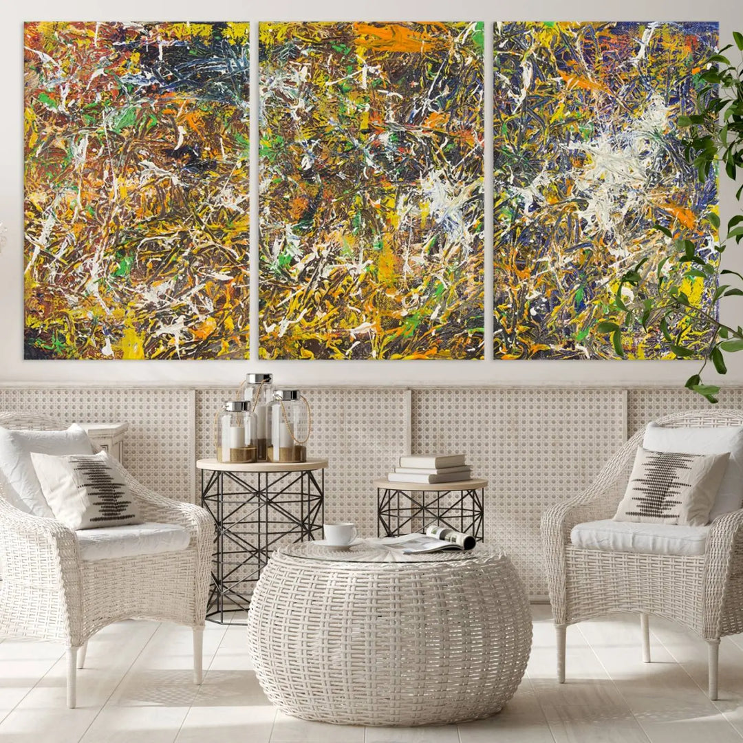 A Jackson Pollock Wall Art Canvas Print features a colorful abstract design with a UV-protective coating.