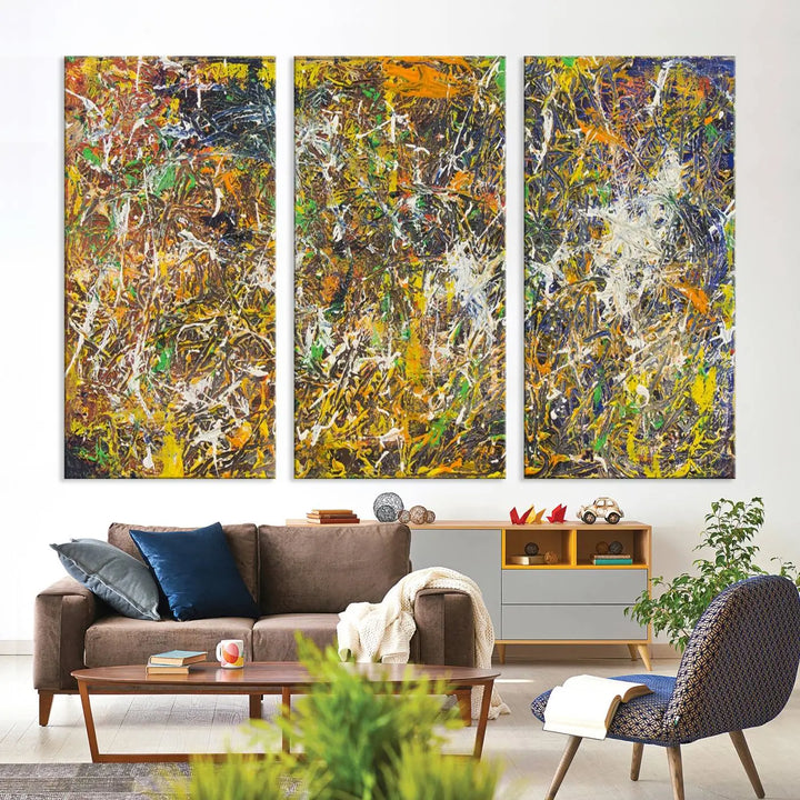 A Jackson Pollock Wall Art Canvas Print features a colorful abstract design with a UV-protective coating.