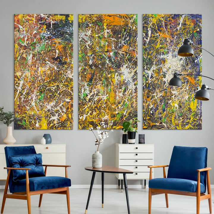 A Jackson Pollock Wall Art Canvas Print features a colorful abstract design with a UV-protective coating.