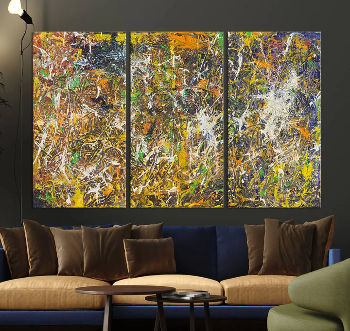 A Jackson Pollock Wall Art Canvas Print features a colorful abstract design with a UV-protective coating.