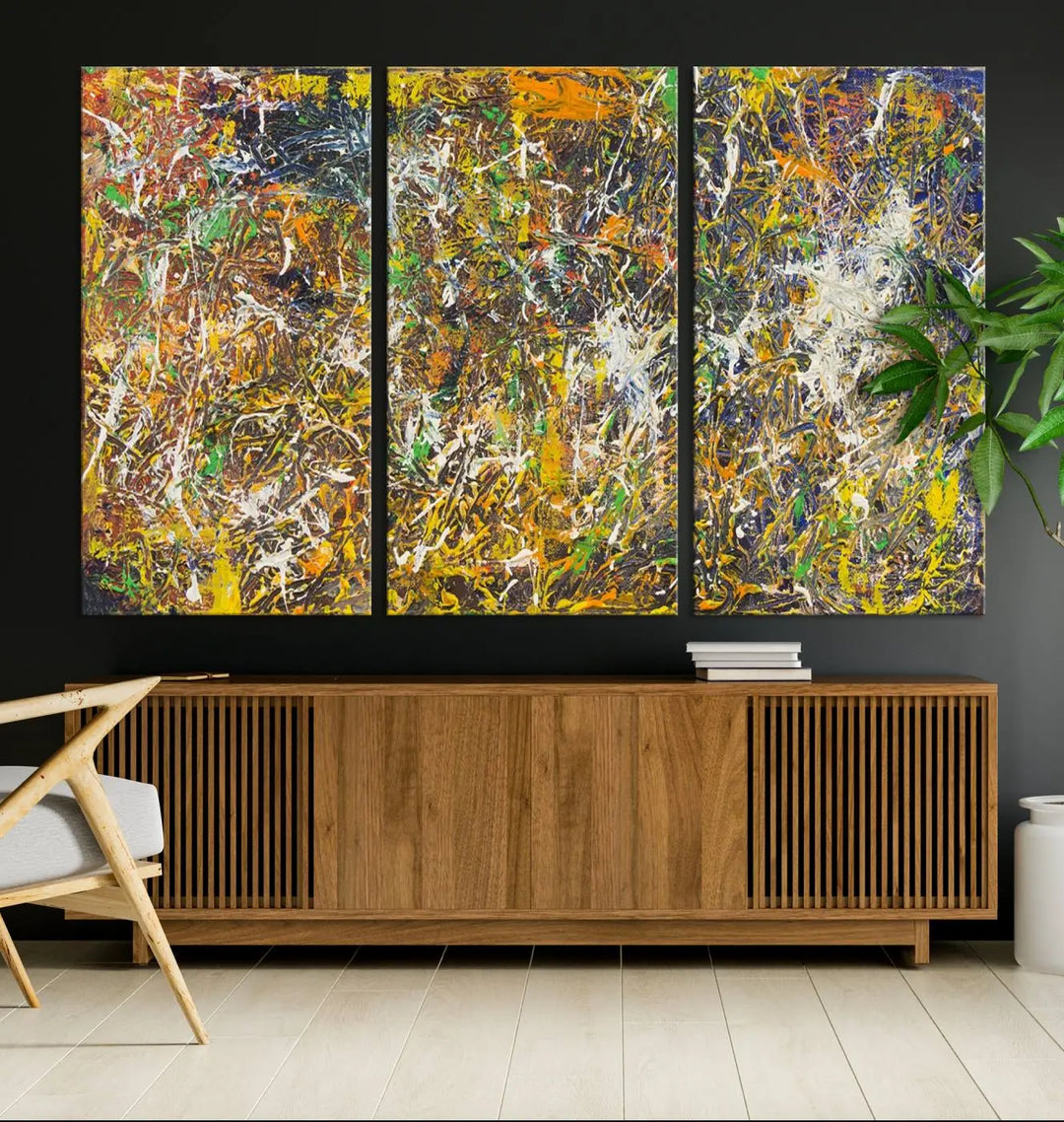 A Jackson Pollock Wall Art Canvas Print features a colorful abstract design with a UV-protective coating.