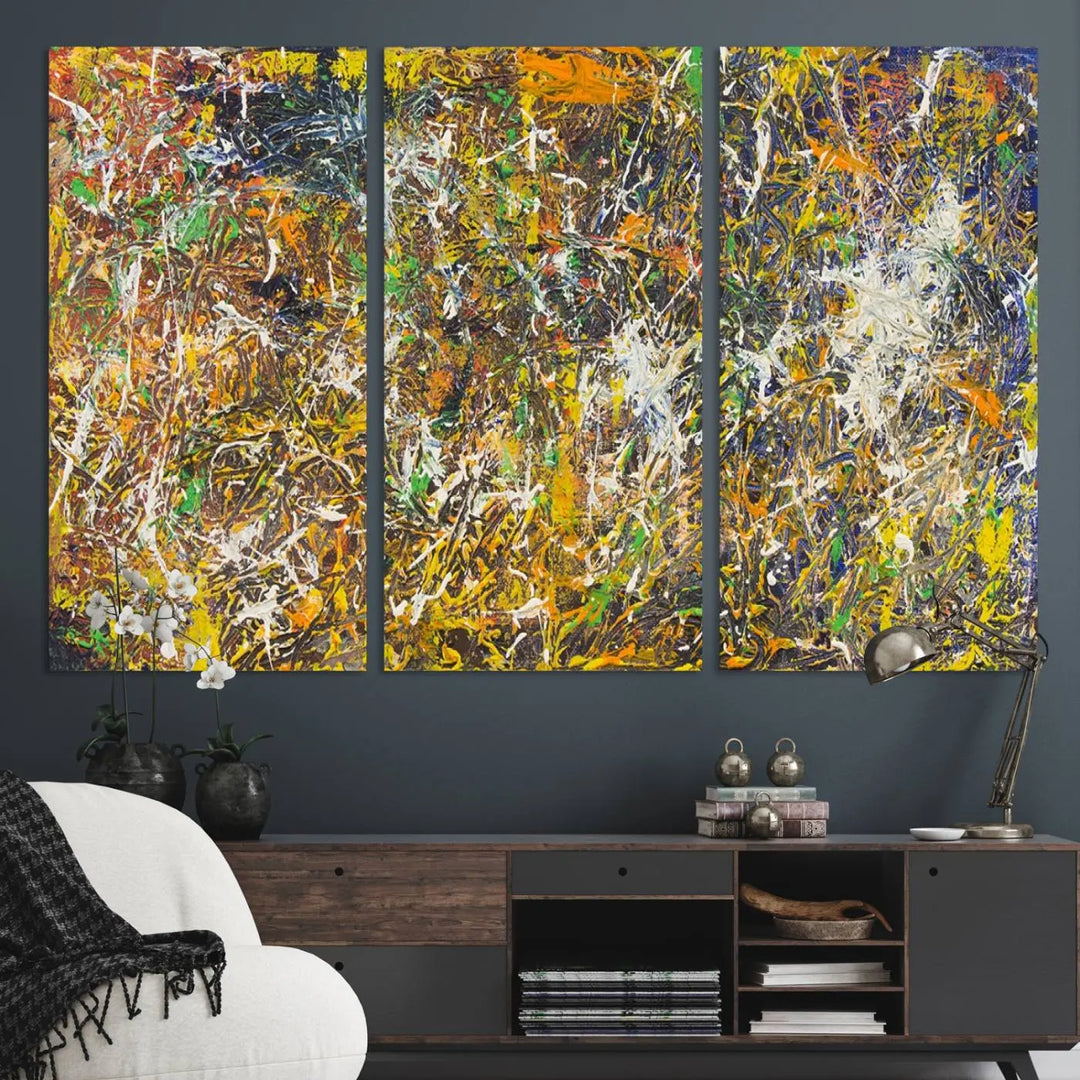 A Jackson Pollock Wall Art Canvas Print features a colorful abstract design with a UV-protective coating.