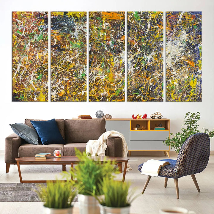 A Jackson Pollock Wall Art Canvas Print features a colorful abstract design with a UV-protective coating.