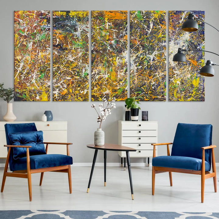 A Jackson Pollock Wall Art Canvas Print features a colorful abstract design with a UV-protective coating.