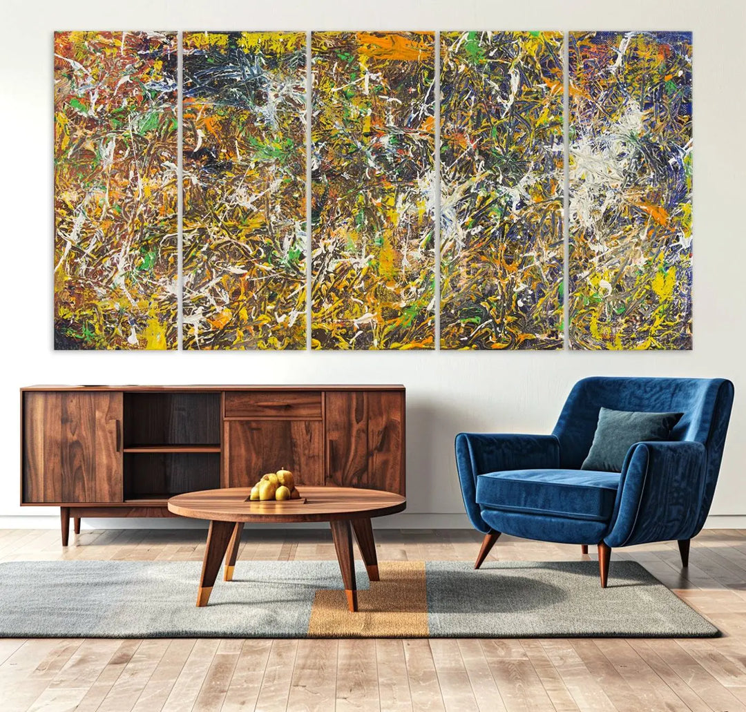 A Jackson Pollock Wall Art Canvas Print features a colorful abstract design with a UV-protective coating.