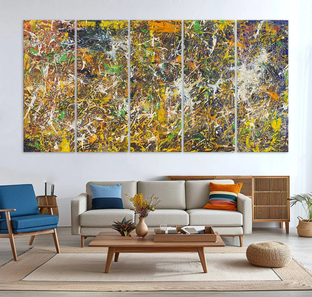 A Jackson Pollock Wall Art Canvas Print features a colorful abstract design with a UV-protective coating.