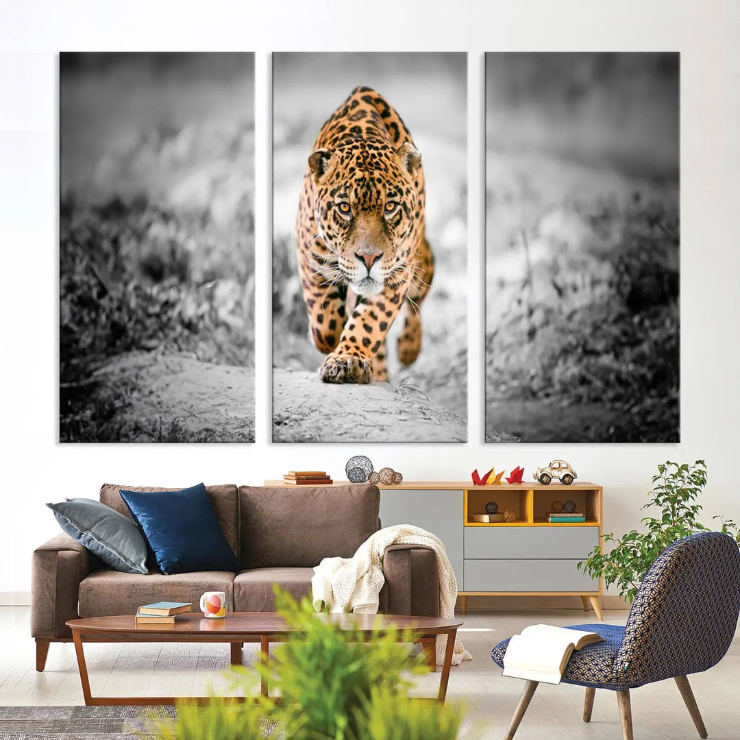 A striking three-panel "Jaguar Stalking Wall Art Canvas Print - Majestic Big Cat in Focused Pursuit" features a leopard walking forward, set against a black and white background.