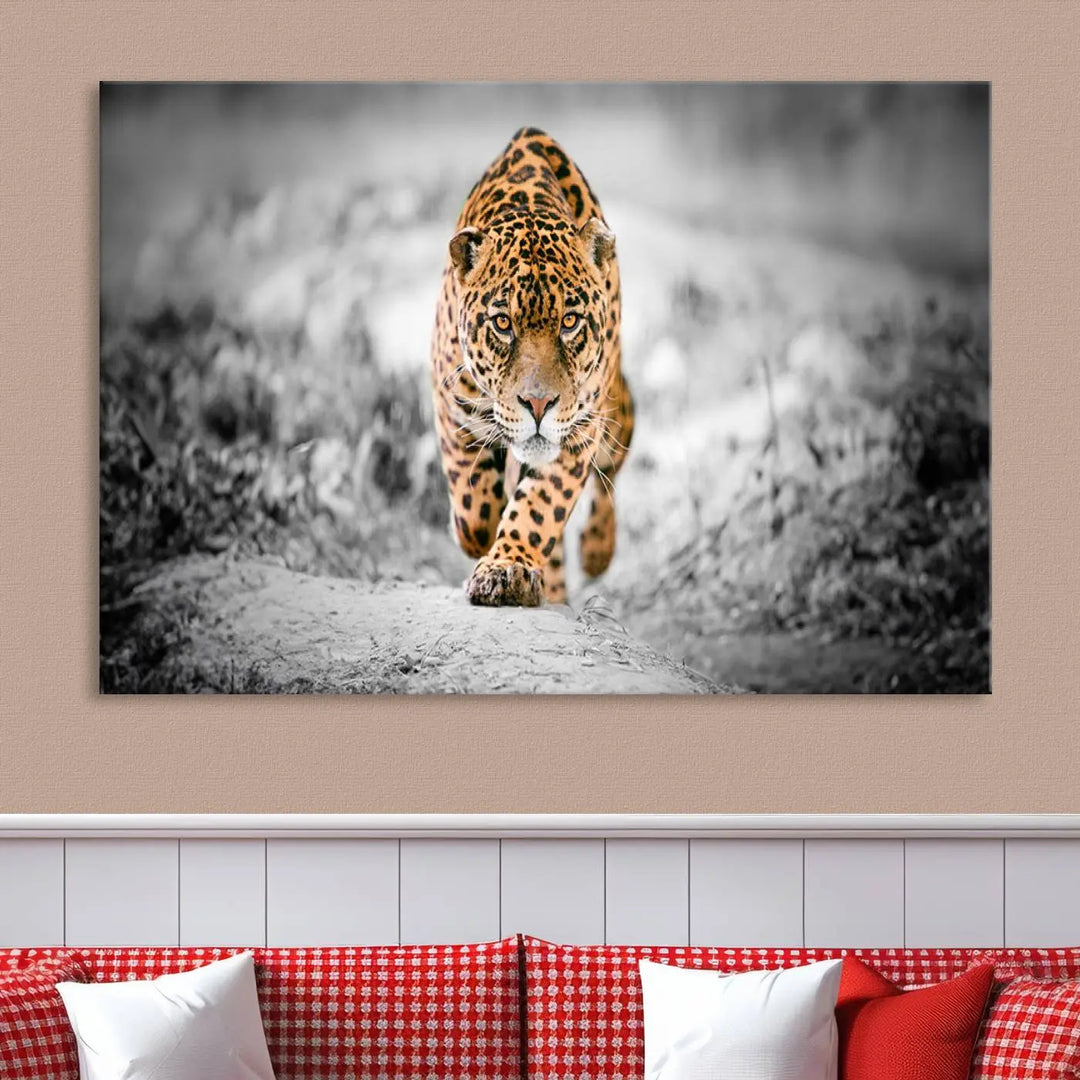 A striking three-panel "Jaguar Stalking Wall Art Canvas Print - Majestic Big Cat in Focused Pursuit" features a leopard walking forward, set against a black and white background.