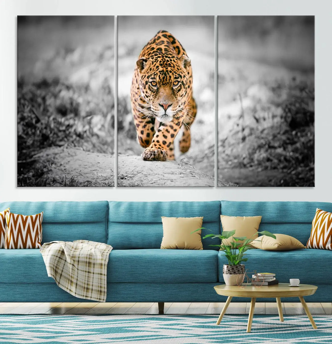 A striking three-panel "Jaguar Stalking Wall Art Canvas Print - Majestic Big Cat in Focused Pursuit" features a leopard walking forward, set against a black and white background.