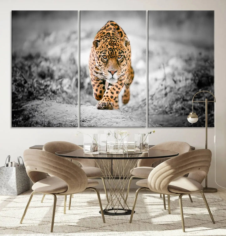 A striking three-panel "Jaguar Stalking Wall Art Canvas Print - Majestic Big Cat in Focused Pursuit" features a leopard walking forward, set against a black and white background.